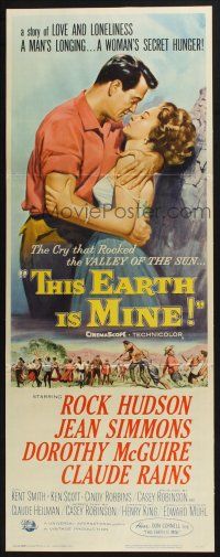 5j363 THIS EARTH IS MINE insert '59 art of Rock Hudson holding pretty Jean Simmons by Reynold Brown!