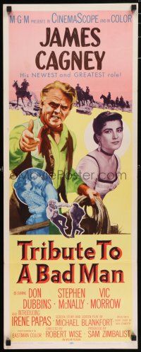 5j385 TRIBUTE TO A BAD MAN insert '56 great art of cowboy James Cagney, pretty Irene Papas!