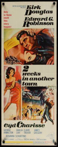 5j389 TWO WEEKS IN ANOTHER TOWN insert '62 cool art of Kirk Douglas & sexy Cyd Charisse by Bart Doe!