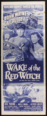 5j398 WAKE OF THE RED WITCH insert R54 art of barechested John Wayne & Gail Russell at ship's wheel!