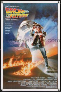 5k085 BACK TO THE FUTURE 1sh '85 Zemeckis, Drew art of Michael J. Fox & Delorean!