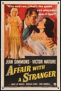 5m005 AFFAIR WITH A STRANGER linen 1sh '53 great art of Jean Simmons, Victor Mature & sexy bad girl!