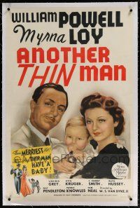 5m009 ANOTHER THIN MAN linen style D 1sh '39 art of William Powell & Myrna Loy with Nick Jr., rare!
