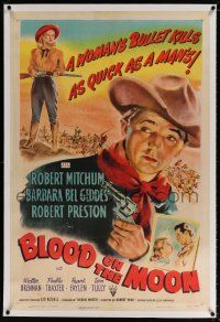 5m021 BLOOD ON THE MOON linen 1sh '49 art of cowboy Robert Mitchum pointing gun & Barbara Bel Geddes