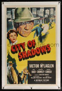 5m033 CITY OF SHADOWS linen 1sh '55 Victor McLaglen in New York City, cool crime artwork!