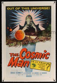 5m035 COSMIC MAN linen 1sh '59 artwork of soldiers & tanks attacking wacky creature from space!