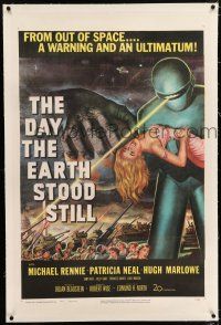 5m037 DAY THE EARTH STOOD STILL linen 1sh '51 classic art of Gort holding Patricia Neal!