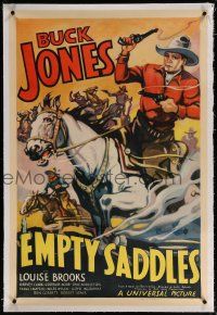 5m050 EMPTY SADDLES linen 1sh '36 great art of Buck Jones on his horse with cowboys behind him!