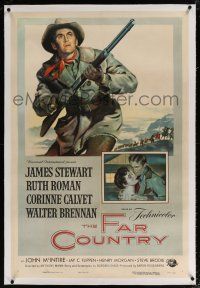 5m053 FAR COUNTRY linen 1sh '55 cool art of James Stewart with rifle, directed by Anthony Mann!