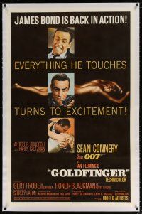 5m061 GOLDFINGER linen 1sh '64 3 great images of Sean Connery as James Bond + golden Shirley Eaton!