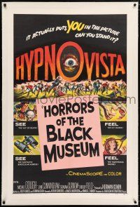 5m069 HORRORS OF THE BLACK MUSEUM linen 1sh '59 amazing new dimension in screen thrills, Hypno-Vista