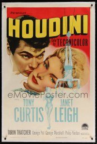 5m070 HOUDINI linen 1sh '53 art of magician Tony Curtis and his sexy assistant Janet Leigh!