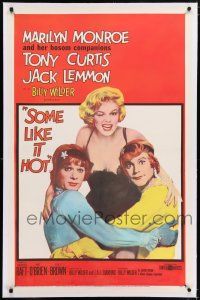 5m151 SOME LIKE IT HOT linen 1sh '59 sexy Marilyn Monroe with Tony Curtis & Jack Lemmon in drag!