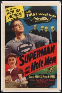 5m161 SUPERMAN & THE MOLE MEN linen 1sh '51 George Reeves in his 1st full-length feature adventure!