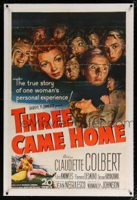 5m174 THREE CAME HOME linen 1sh '49 artwork of Claudette Colbert & prison women without their men!