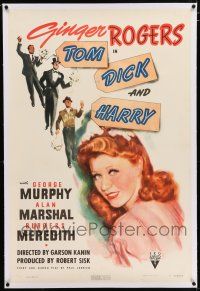 5m177 TOM, DICK & HARRY linen 1sh '41 c/u art of pretty Ginger Rogers, Murphy, Marshal & Meredith!