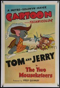 5m188 TWO MOUSEKETEERS linen 1sh '52 Hanna-Barbera, cartoon art of French Tom & Jerry swordfighting!