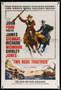5m189 TWO RODE TOGETHER linen 1sh '61 John Ford, art of James Stewart & Richard Widmark on horses!