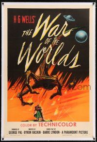 5m196 WAR OF THE WORLDS linen 1sh '53 H.G. Wells & George Pal classic, wonderful alien hand art!