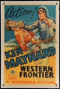 5m197 WESTERN FRONTIER linen 1sh '35 cool close up art of cowboy hero Ken Maynard punching bad guy!