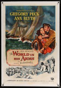 5m204 WORLD IN HIS ARMS linen 1sh '52 art of Gregory Peck & Ann Blyth, first Reynold Brown poster!