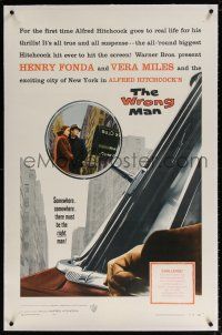 5m206 WRONG MAN linen 1sh '57 Henry Fonda, Vera Miles, Alfred Hitchcock, cool rear view mirror art!