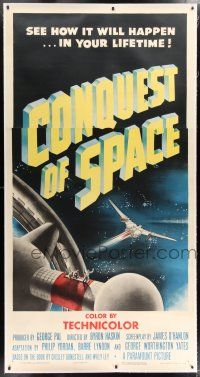 5p267 CONQUEST OF SPACE linen 3sh '55 George Pal sci-fi, see how it will happen in your lifetime!