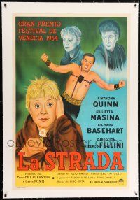 5p064 LA STRADA linen Argentinean '54 Fellini, art of strongman Anthony Quinn & Giulietta Masina!