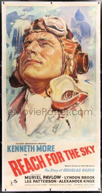 5p222 REACH FOR THE SKY linen English 3sh '57 best different c/u art of RAF pilot Kenneth More!