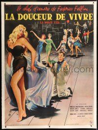 5p249 LA DOLCE VITA linen French 1p '60 Federico Fellini, art of Mastroianni & sexy Ekberg by Thos!