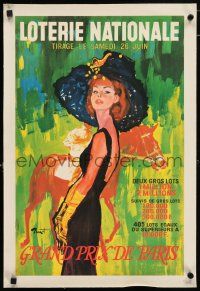 5p168 LOTERIE NATIONALE GRAND PRIX DE PARIS linen French 15x23 horse racing poster '60s Brenot art!