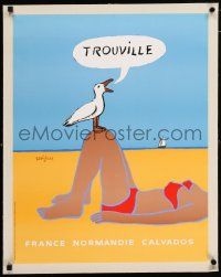 5p179 TROUVILLE linen 20x26 French travel poster '87 great Savignac art of bird on girl in bikini!