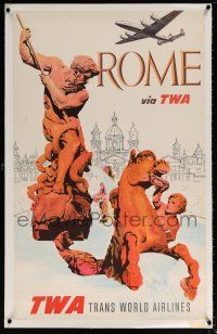 5p175 TWA ROME linen 25x40 travel poster '50s Klein art of Constellation aircraft over city!