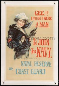 5p182 GEE I WISH I WERE A MAN I'D JOIN THE NAVY linen 27x41 WWI war poster '17 Howard Christy art!