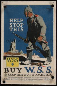 5p187 HELP STOP THIS linen 10x15 WWI war poster '17 Adolph Treidler art, keep him out of America!