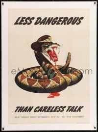 5p199 LESS DANGEROUS THAN CARELESS TALK linen 29x40 WWII war poster '44 cool Dorne rattlesnake art!