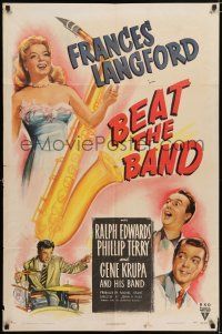 5r085 BEAT THE BAND style A 1sh '47 artwork of sexy Frances Langford & Gene Krupa playing drums!