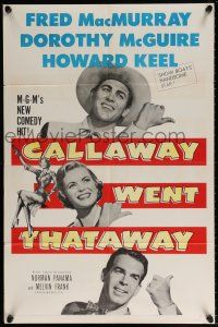 5r157 CALLAWAY WENT THATAWAY 1sh '51 Fred MacMurray, Dorothy McGuire & Howard Keel with thumbs out!