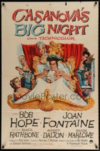 5r171 CASANOVA'S BIG NIGHT 1sh '54 wacky artwork of Bob Hope in bed, Joan Fontaine!