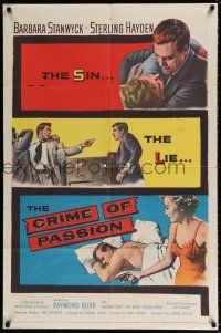 5r218 CRIME OF PASSION 1sh '57 sexy Barbara Stanwyck reaches for gun to shoot Sterling Hayden!