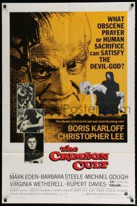 5r219 CRIMSON CULT 1sh '70 Boris Karloff, Christopher Lee, what can satisfy the devil-god?