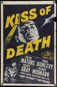 5r564 KISS OF DEATH 1sh R53 really cool art of Victor Mature in film noir classic!