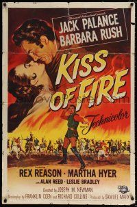 5r565 KISS OF FIRE 1sh '55 romantic art of Jack Palance as El Tigre & sexy Barbara Rush!