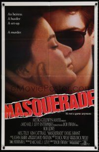 5r671 MASQUERADE 1sh '88 super close up of Rob Lowe wearing sunglasses with Meg Tilly!