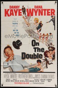 5r733 ON THE DOUBLE 1sh '61 great art of wacky Danny Kaye & sexy Diana Dors in bubbles!