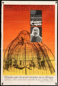 5r771 PLANET OF THE APES 1sh '68 Charlton Heston, classic sci-fi, cool art of caged humans!