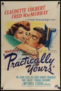 5r784 PRACTICALLY YOURS style A 1sh '44 Claudette Colbert hugging Air Force pilot Fred MacMurray!