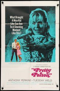 5r788 PRETTY POISON style B 1sh '68 psycho Anthony Perkins, close-up of crazy Tuesday Weld w/gun!