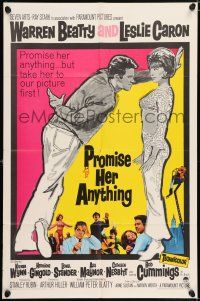 5r797 PROMISE HER ANYTHING 1sh '66 art of Warren Beatty w/fingers crossed & pretty Leslie Caron!
