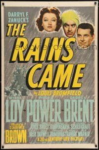 5r805 RAINS CAME style B 1sh '39 art of Myrna Loy, Tyrone Power & George Brent in India!